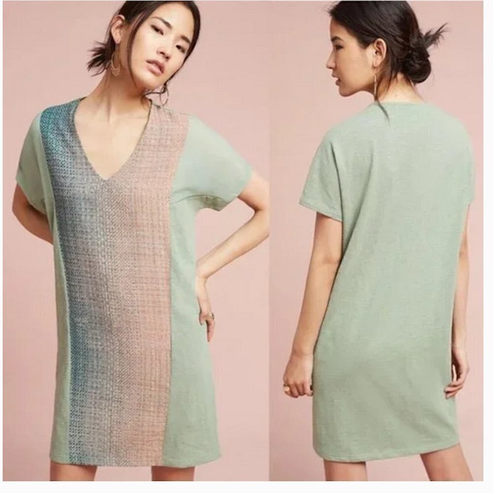 ANTHRO Akemi + Kin Hanselle Cocoon Shift Dress Mixed Media Panels Sage Green SP